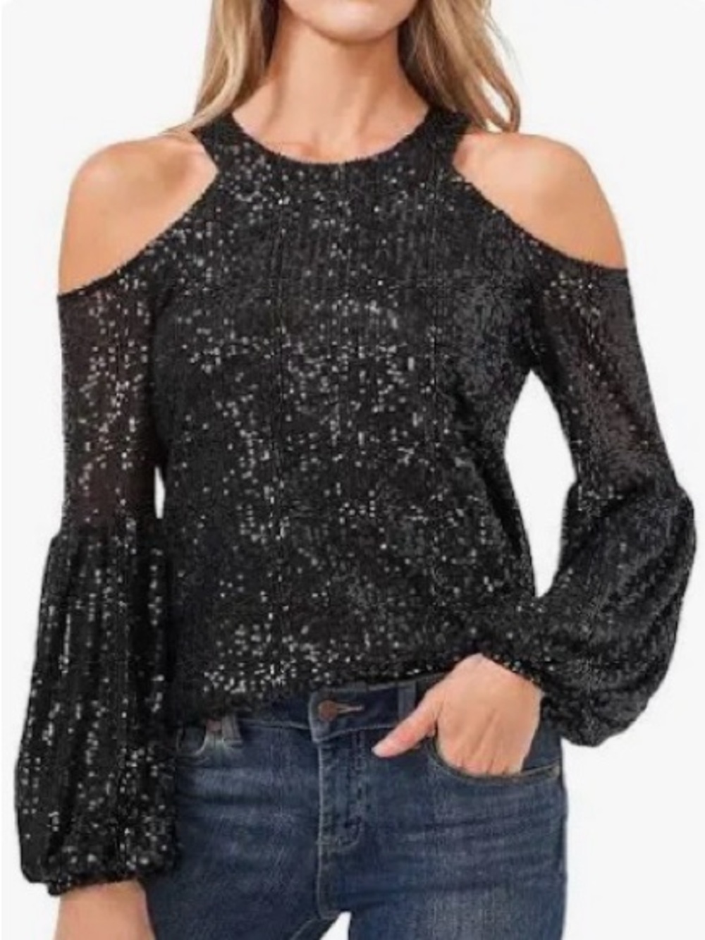 CeCe Black Sequin Cold Shoulder Sleeveless Party Top Blouse